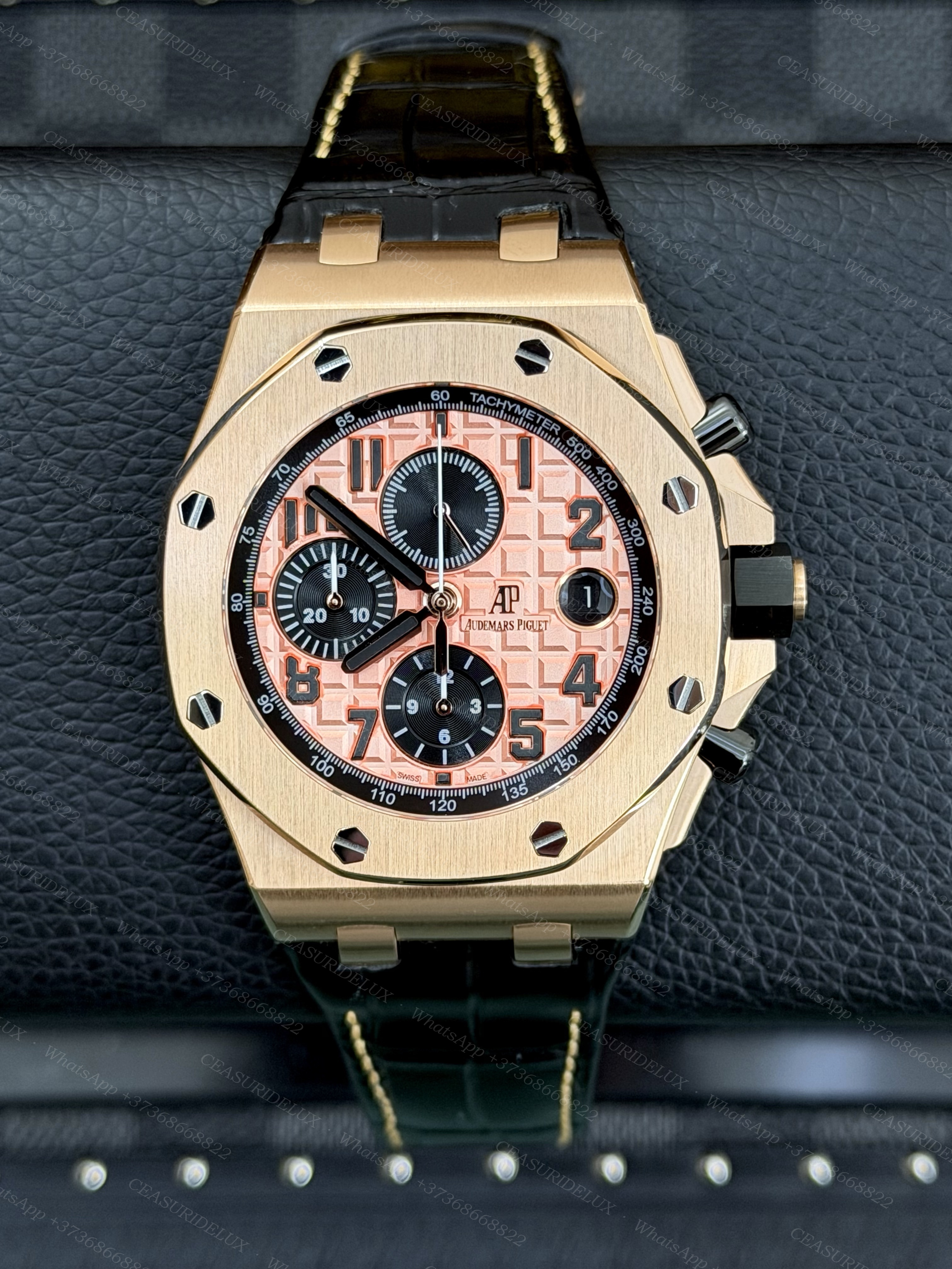 Audemars Piguet Royal Oak Offshore 42mm Chrono Pink Gold — Salmon 'Méga Tapisserie' Dial + Black Leather Strap (26470OR)
