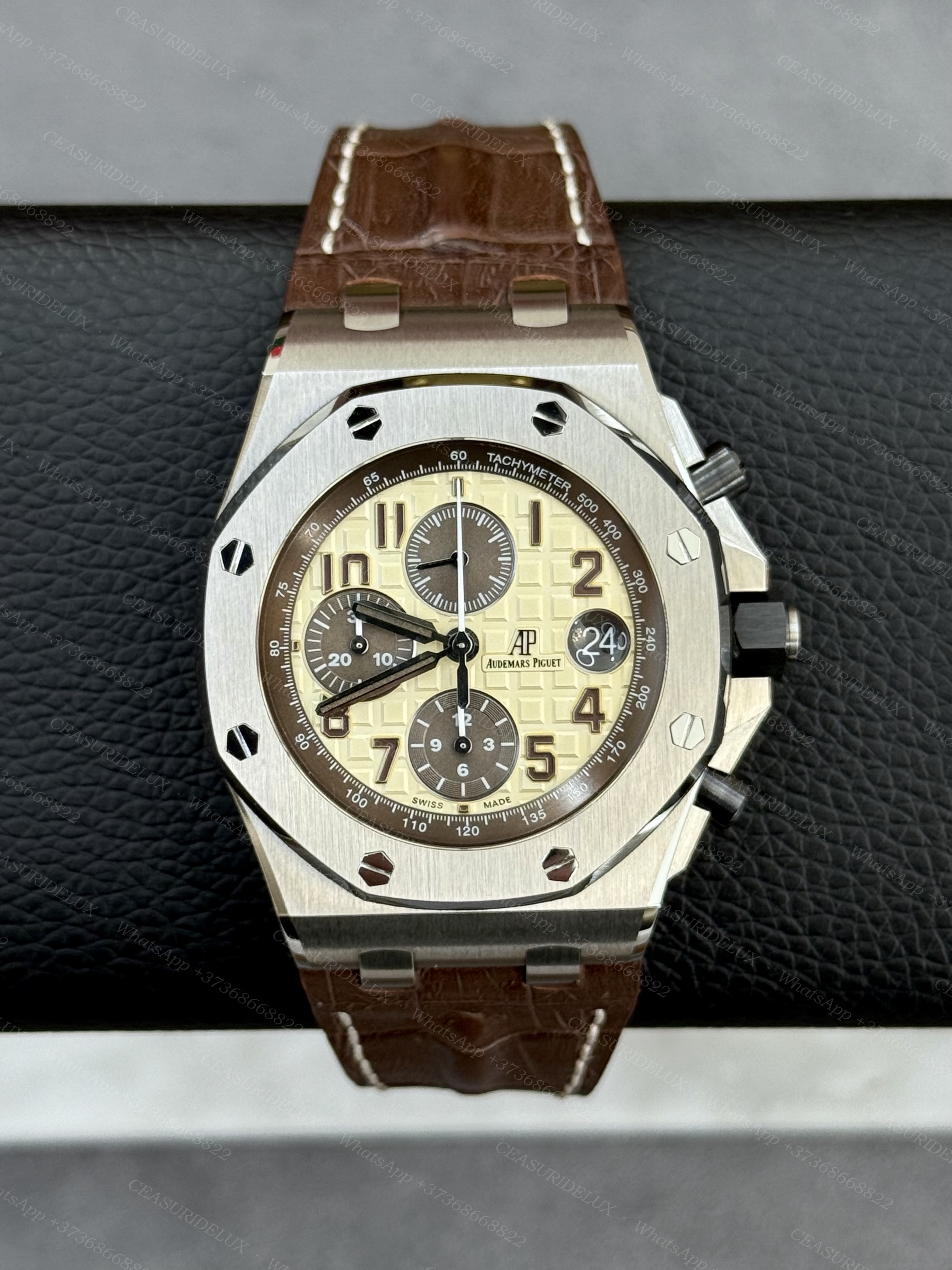 Audemars Piguet Royal Oak Offshore 42mm Chrono Steel — Ivory 'Safari' Dial + Brown Leather Strap (26470ST)