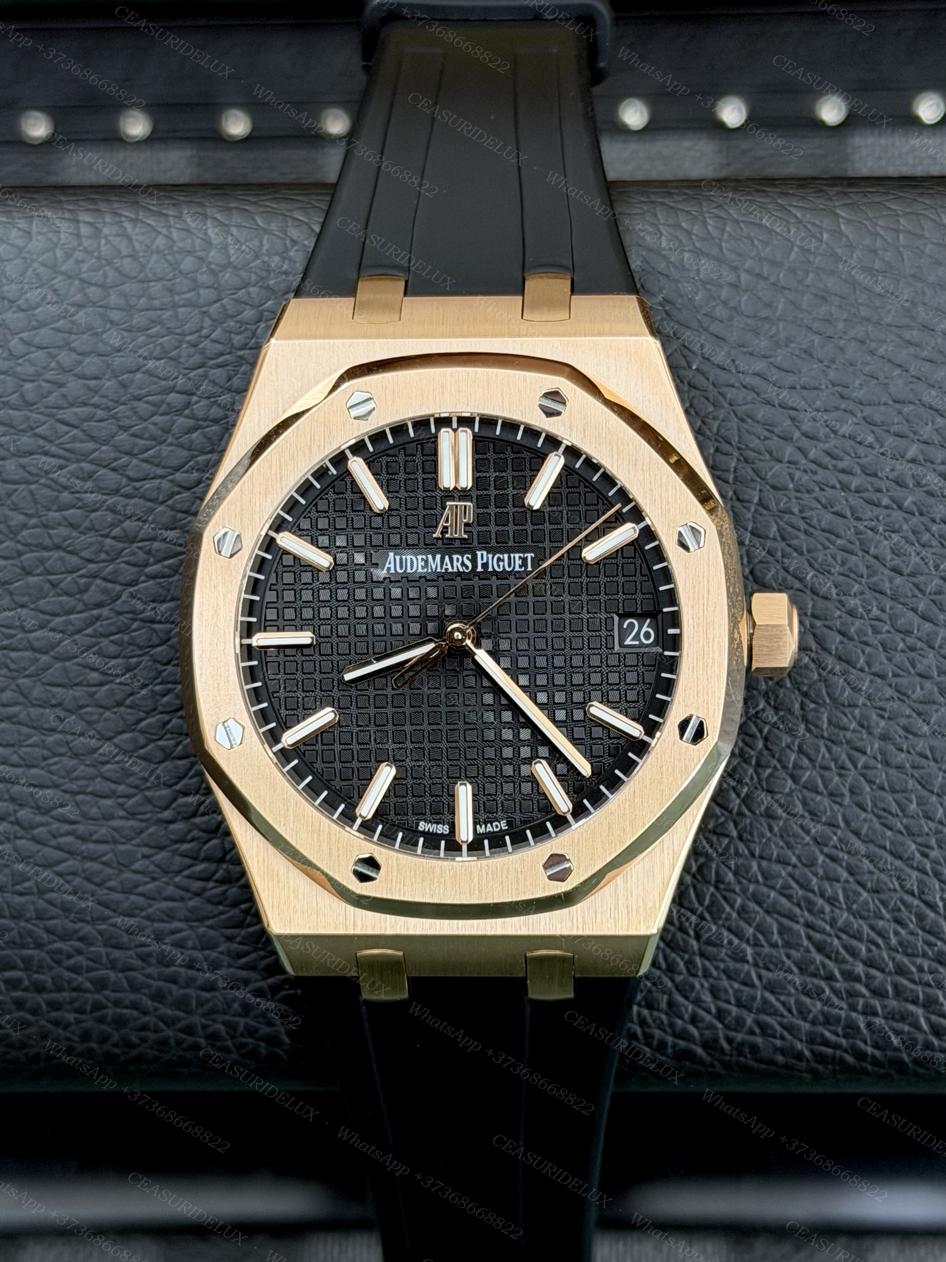 Audemars Piguet Royal Oak 41mm Pink Gold — Black 'Grande Tapisserie' Dial on Rubber (15500OR)