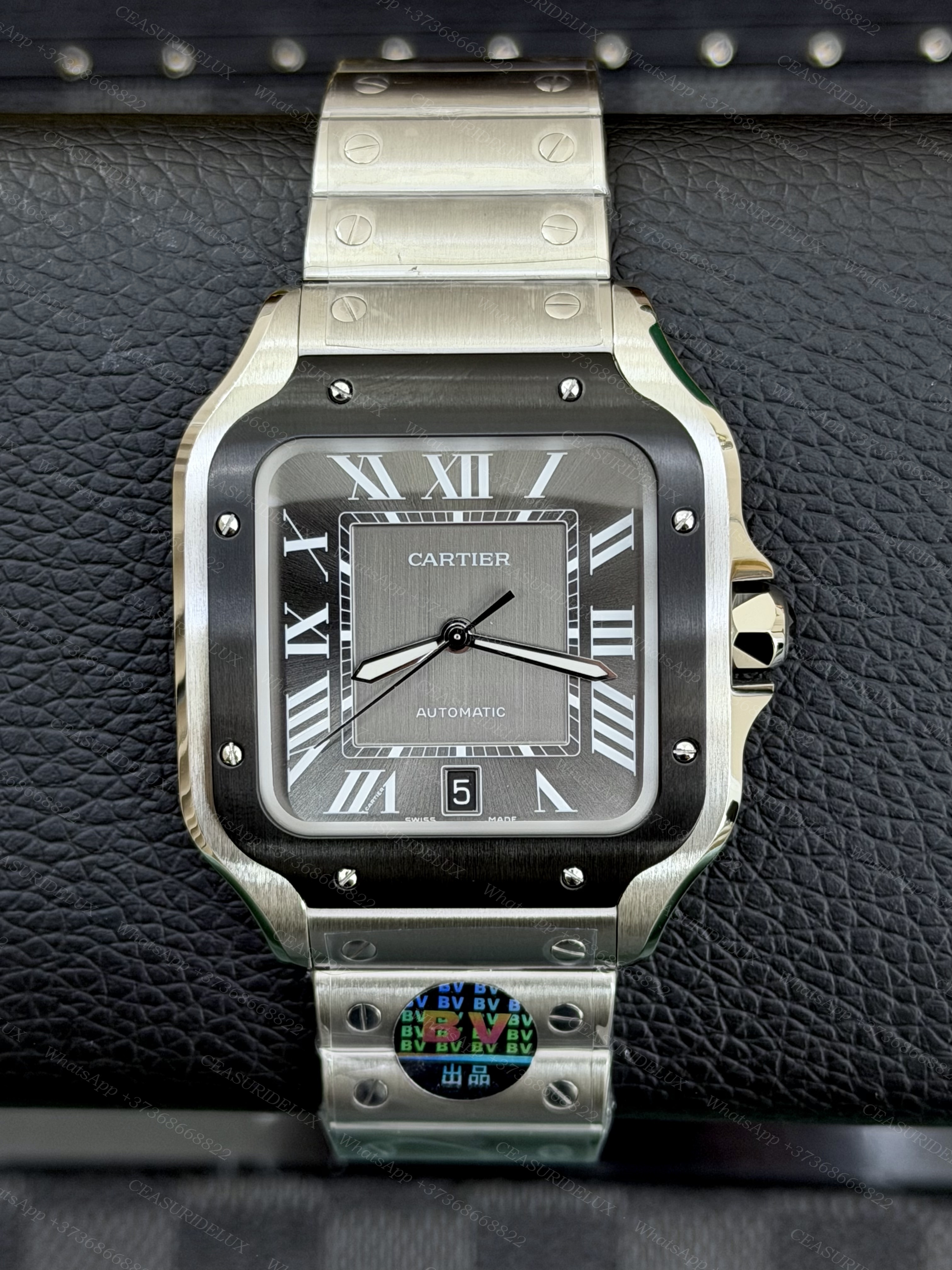 Cartier Santos de Cartier Large Steel — ADLC Bezel, Grey Dial on Steel Bracelet (WSSA0037)
