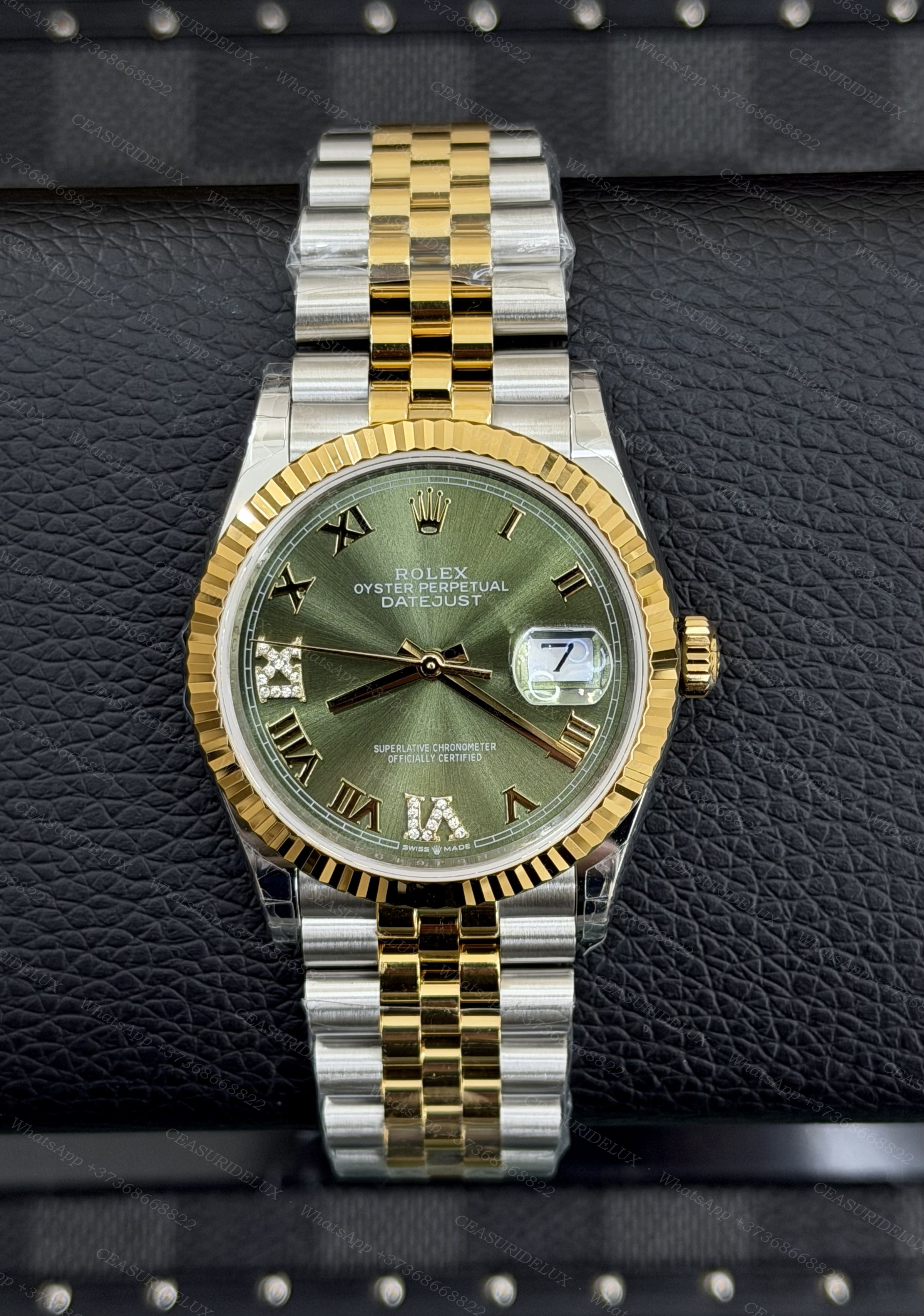 Rolex Date-Just 36 Two-Tone Steel/Yellow Gold — Olive Green Roman Diamond VI Dial + Jubilee (126233) Background