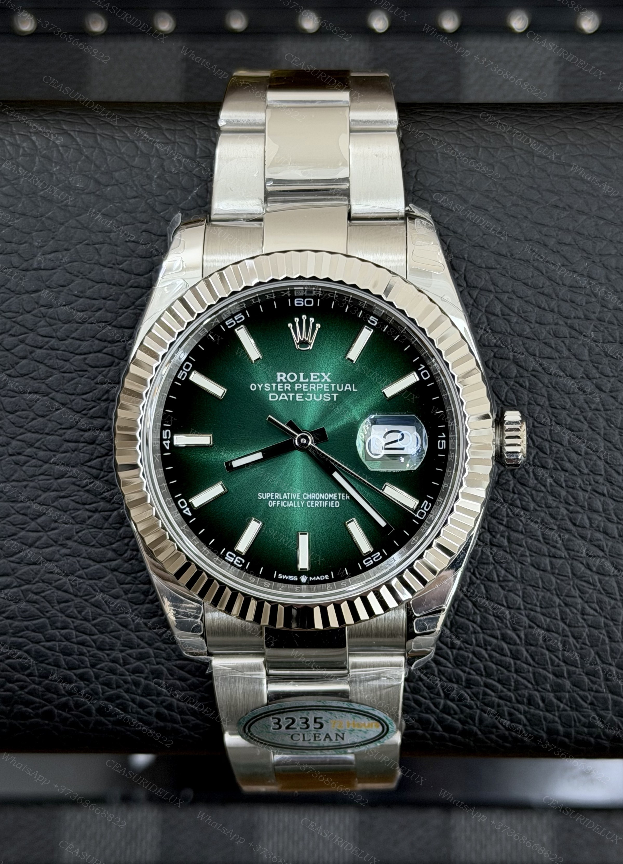 Rolex Date-Just 41 Steel — Green Dial + Oyster (126334) Background
