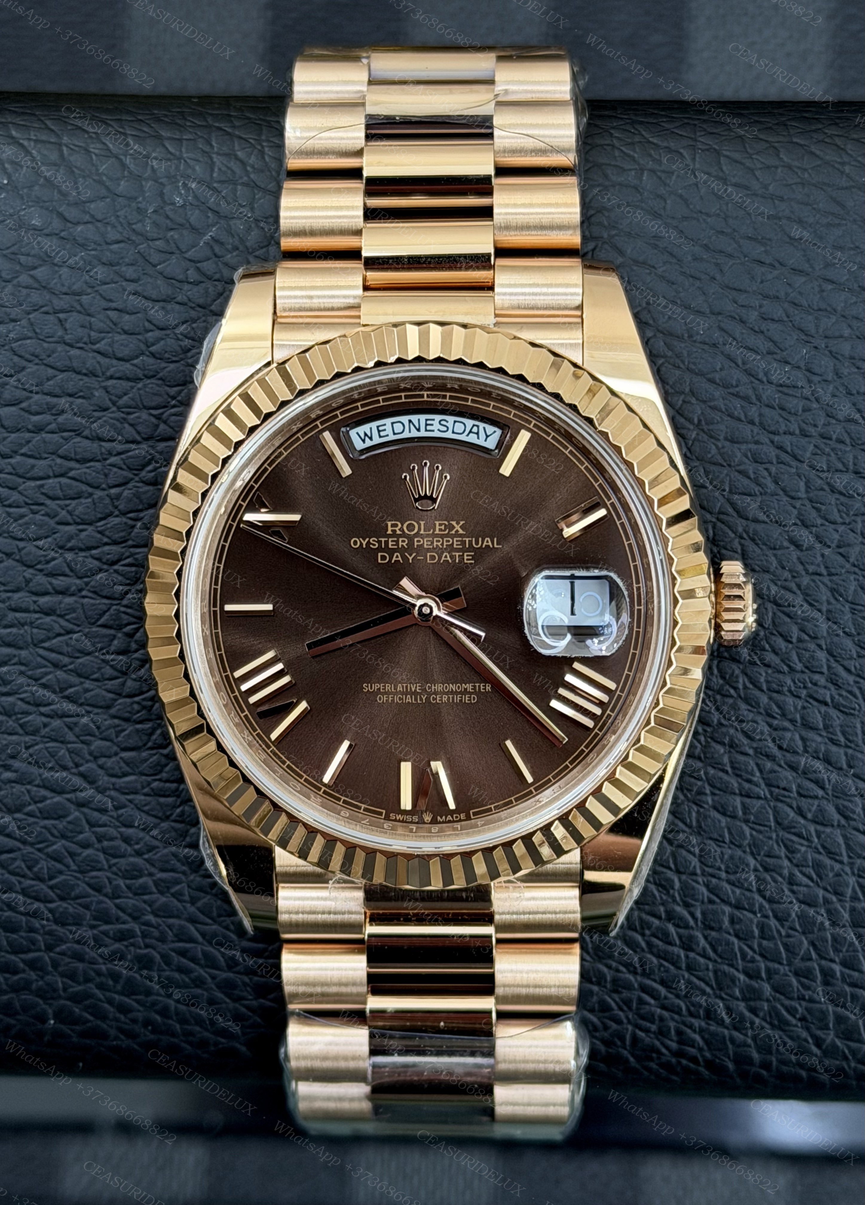 Rolex Day-Date 40 Everose Gold — Chocolate Baton Dial + President (228235)