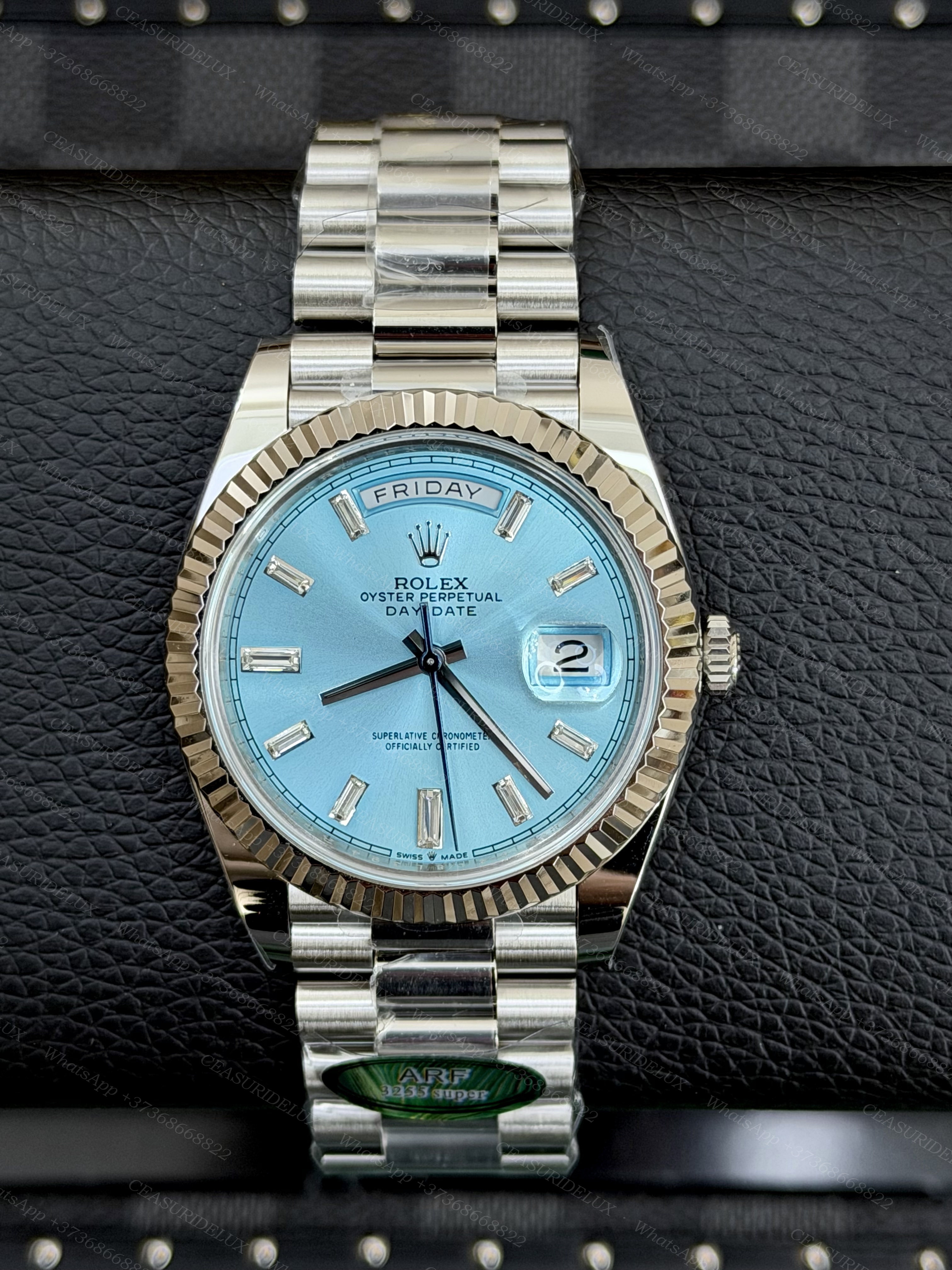 Rolex Day-Date 40 Platinum — Ice Blue Diamond Baguette Dial + President (228206)