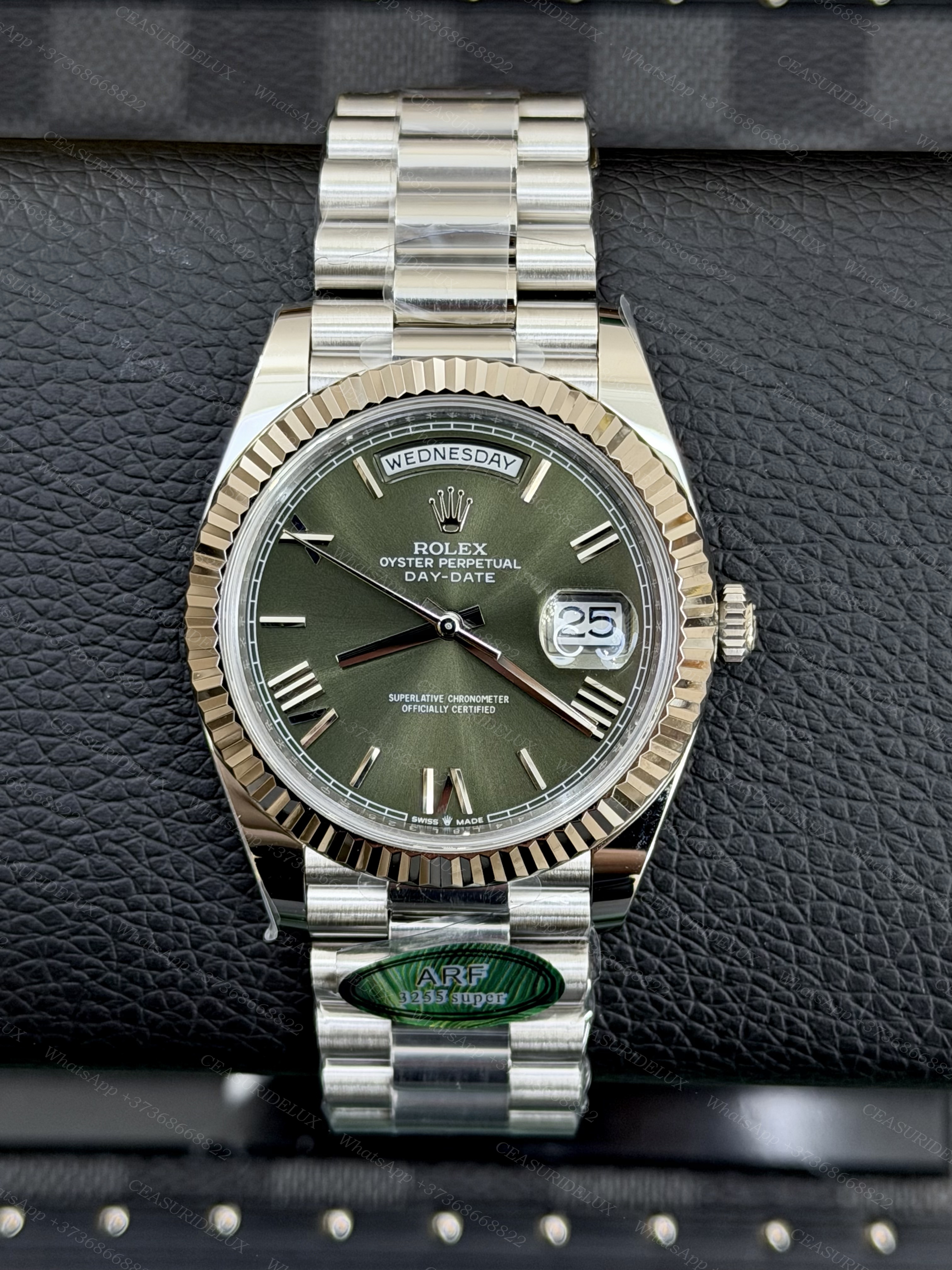 Rolex Day-Date 40 White Gold — Olive Green Roman Dial + President (228239)