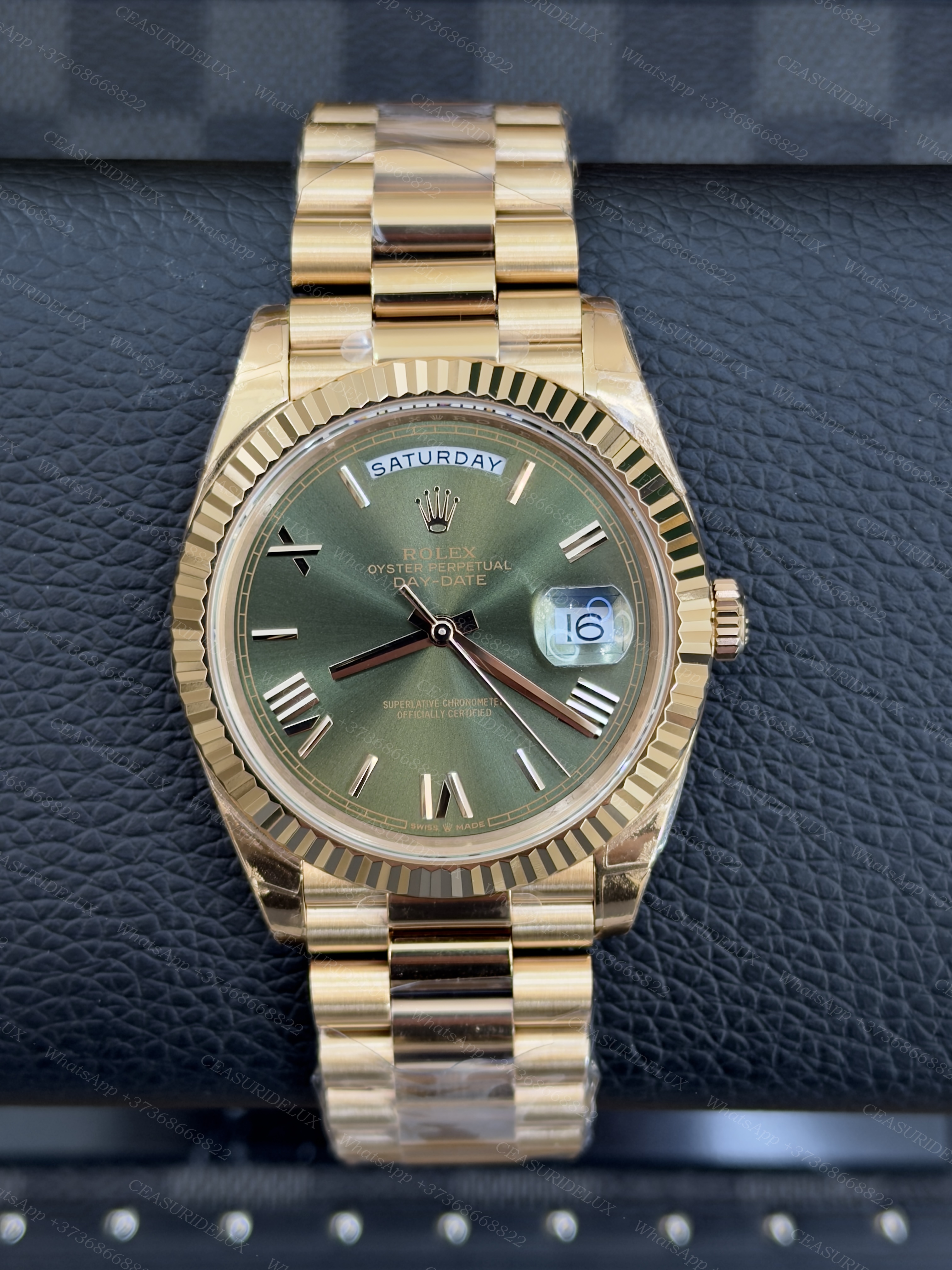 Rolex Day-Date 40 Yellow Gold — Olive Green Roman Dial + President (228238)