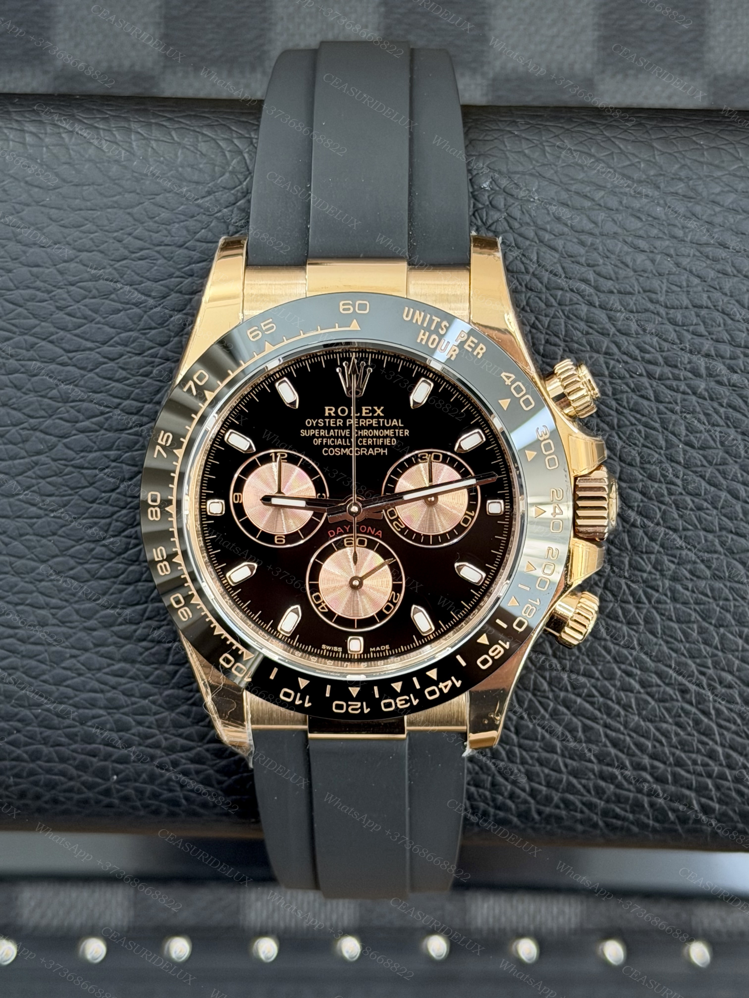 Rolex Daytona Yellow Gold — Black Dial + Pink Sub-dials + Cerachrom + Oysterflex (126518LN)