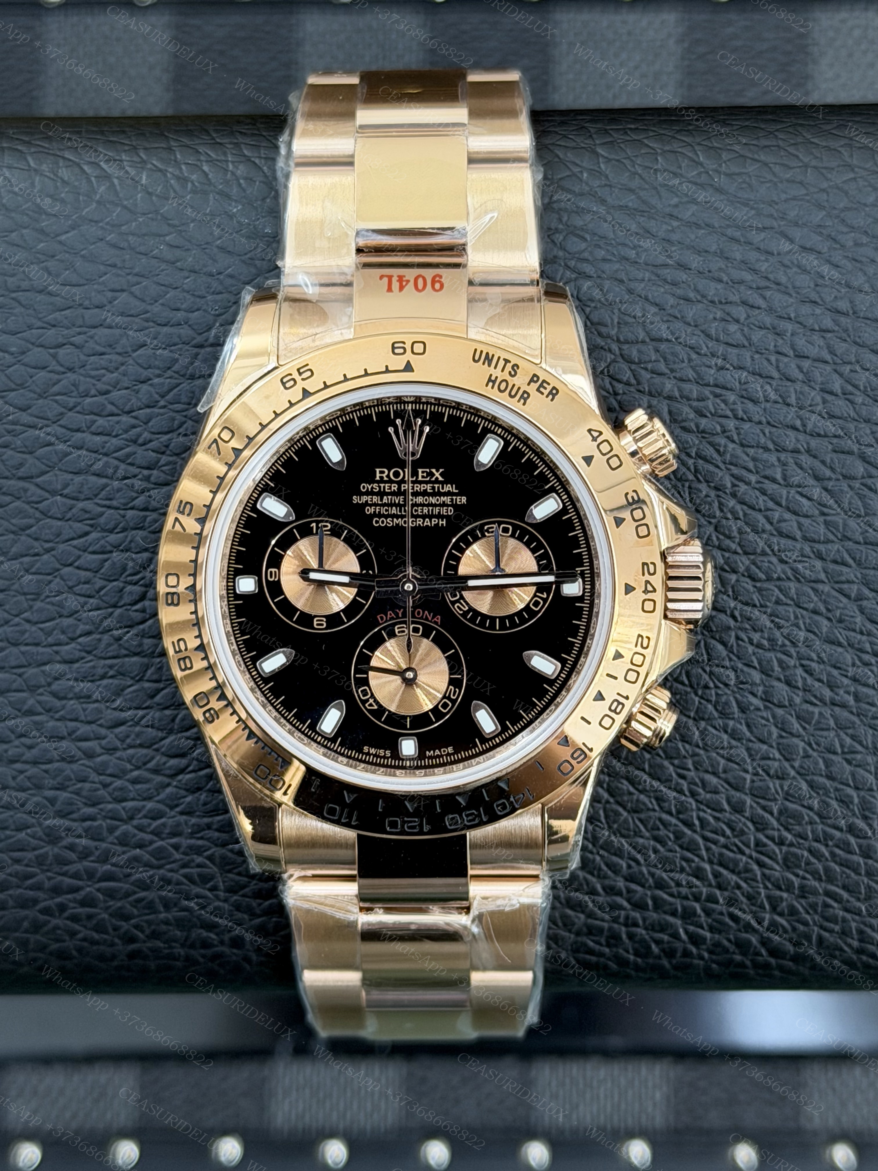 Rolex Daytona Yellow Gold — Black Dial + Champagne Sub-dials + Engraved Bezel + Oyster (116508)