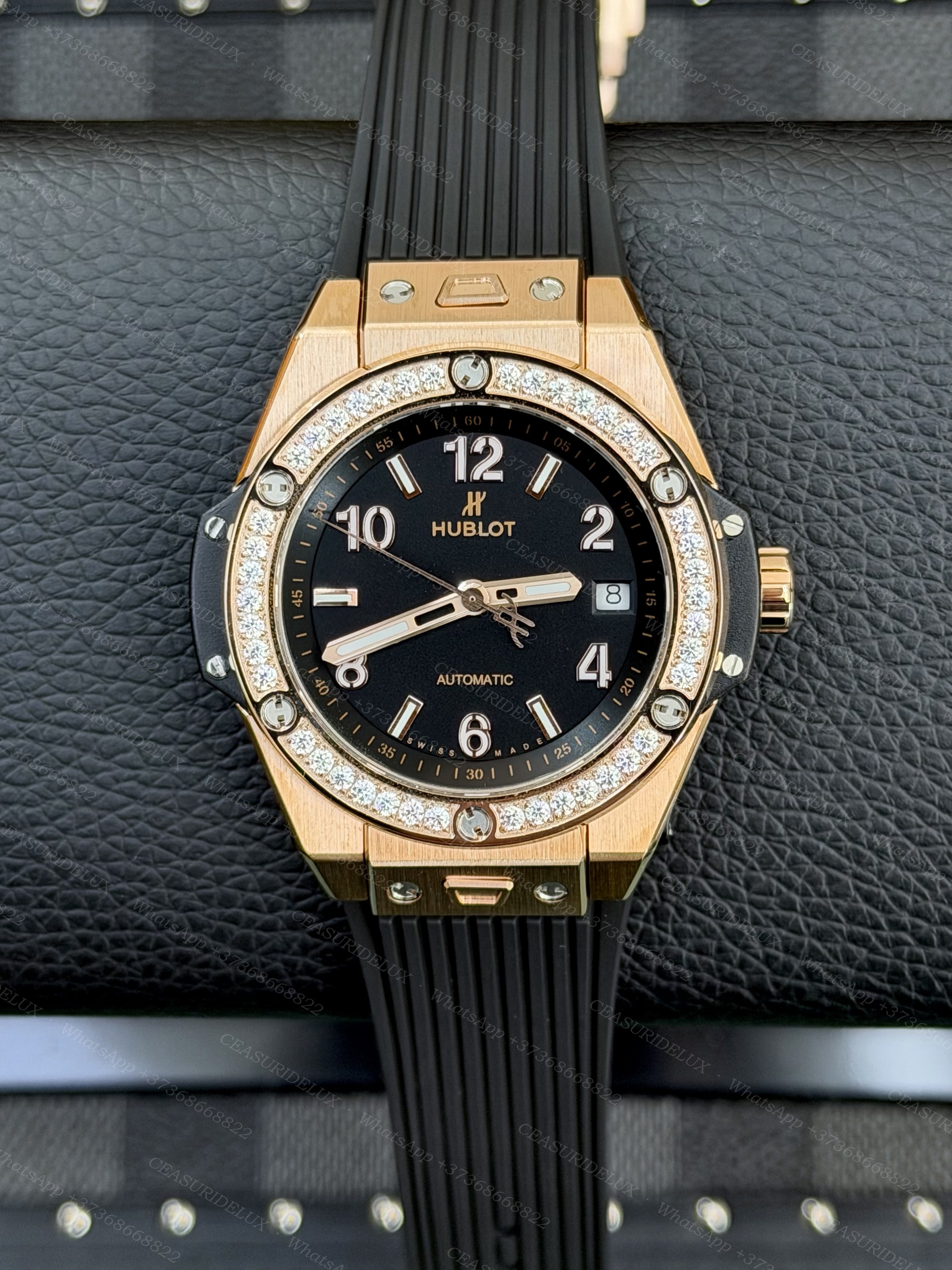 Hublot King Gold + Diamond Bezel — Black Dial + Rubber Strap Background